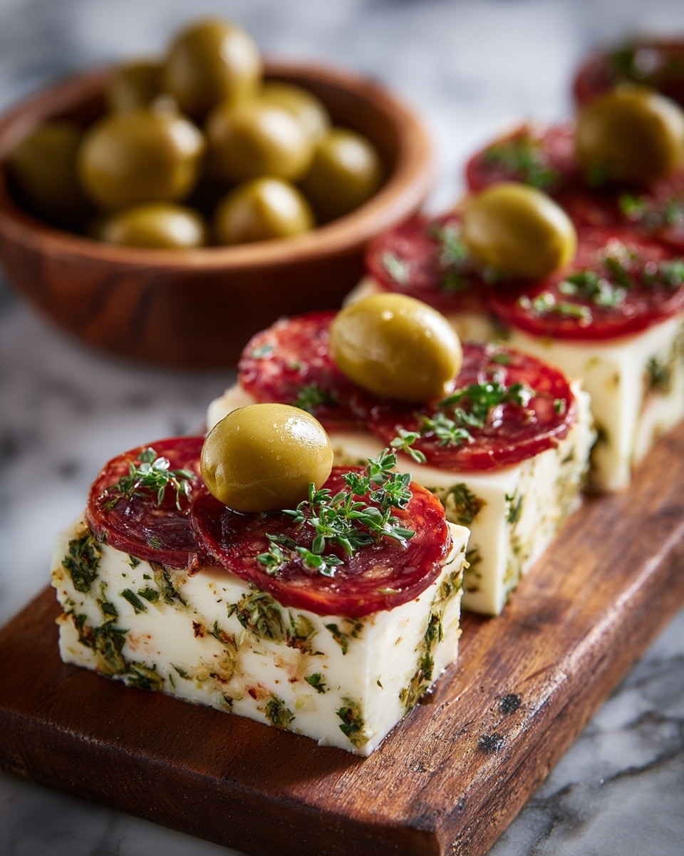 Several square pieces of white cheese with green herbs mixed in are placed in a row on a wooden board. Each piece has a layer of thinly sliced red cured meat on top, with two shiny green olives sitting on the meat. Small green herb leaves are sprinkled over the cheese and meat layers. In the background, there is a wooden bowl filled with green olives. The whole setting is on a white marbled surface. photo taken with an iphone --ar 4:5 --v 7
