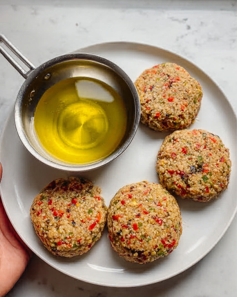 The image shows four round patties on a white plate placed on a white marbled surface. Each patty has a mix of light brown and beige color with small red and green bits evenly spread throughout, giving a textured and slightly chunky appearance. Next to the plate is a small shiny stainless steel pan filled with golden yellow oil, placed on the same white marbled surface. A woman's hand is visible at the edge of the plate, suggesting the patties are ready to be cooked or served. photo taken with an iphone --ar 4:5 --v 7