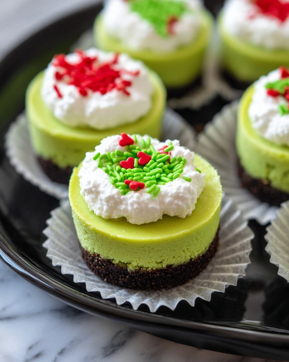 The image shows small round green desserts with three layers: a thin dark brown bottom crust, a thick bright green middle layer with a smooth texture, and a fluffy white topping on each, placed in white cupcake liners. One dessert in the front has green sprinkles and small red heart-shaped sprinkles on the white top. All desserts are on a black plate with a piece of parchment paper under one, and the background is a white marbled surface. photo taken with an iphone --ar 4:5 --v 7