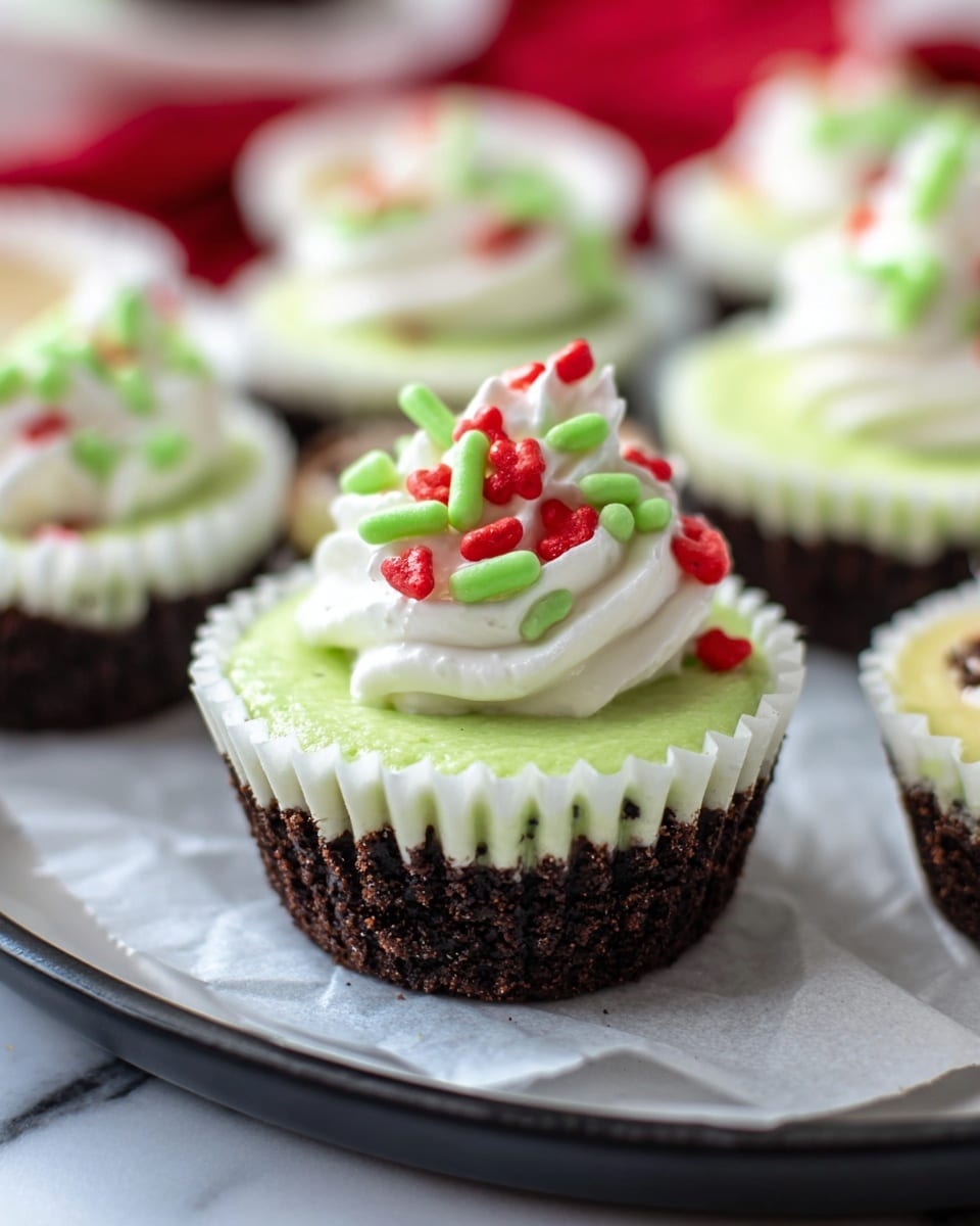 The image shows a close-up of a small dessert made in a white cupcake liner, placed on a black plate over white parchment paper and a white marbled surface. The dessert has two visible layers: the bottom layer is dark brown with a crumbly texture, while the top layer is smooth and light green. On top of the green layer, there is a swirl of white whipped cream with green stick-shaped sprinkles and small red heart-shaped sprinkles. In the background, more similar desserts with white whipped cream can be seen slightly out of focus. photo taken with an iphone --ar 4:5 --v 7