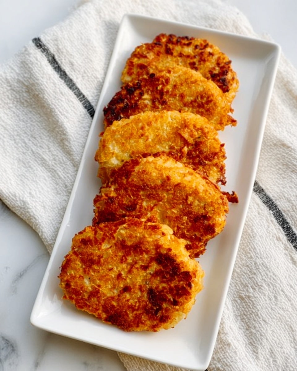 The image shows four golden brown fried patties arranged in a row on a long white rectangular plate. The patties have a crispy, rough texture with a crunchy look, showing small uneven edges and spots of darker brown where they are well cooked. The plate is placed on a white marbled surface with a cloth napkin folded near it, featuring thin black stripes. The light highlights the crispy details on the patties, making them look freshly cooked and warm. Photo taken with an iphone --ar 4:5 --v 7
