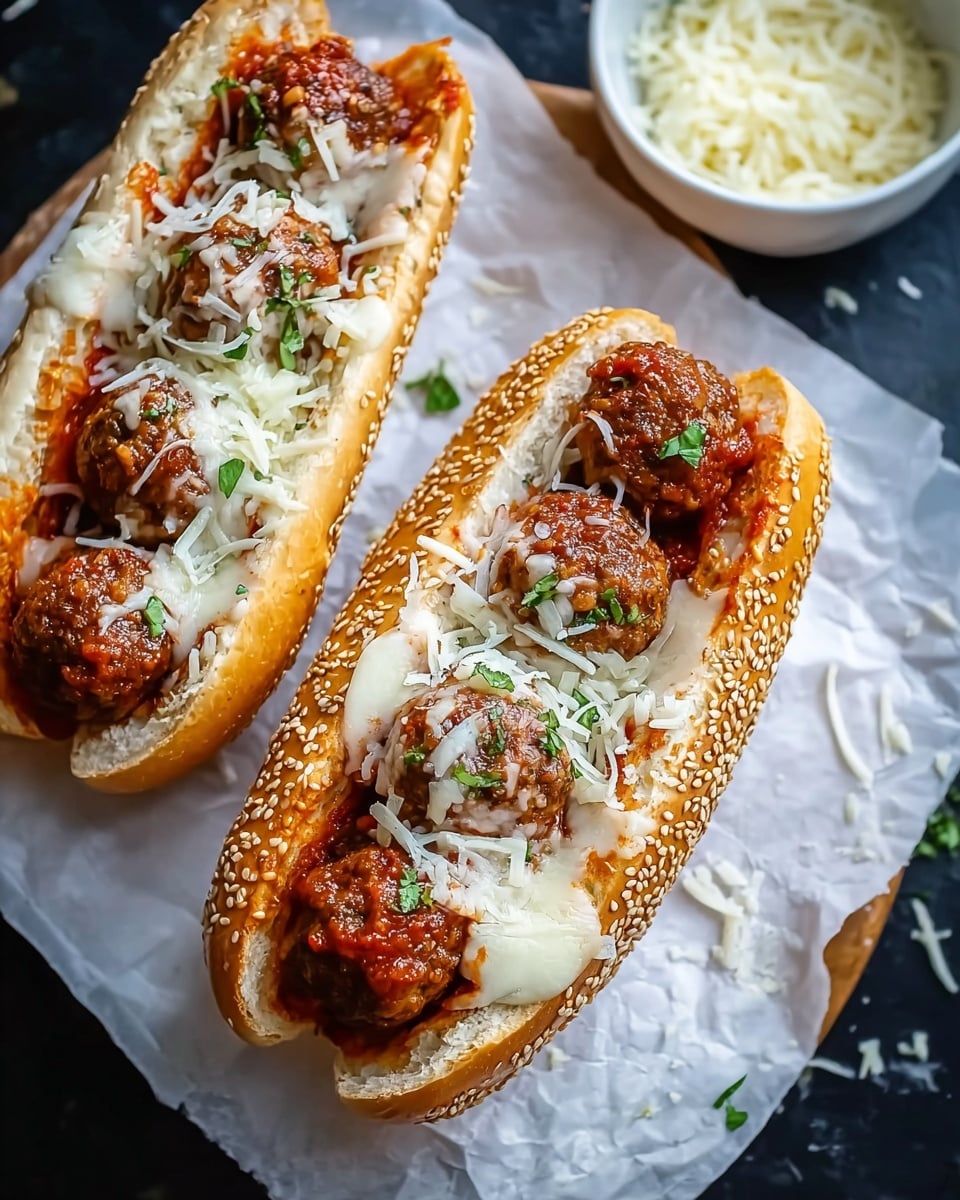 The image shows four stuffed bread rolls arranged side by side in a clear glass dish. Each roll is golden brown with a crusty texture on the outside and filled with three round meatballs that are light brown. The meatballs are covered with melted white cheese that is slightly browned on top, and drizzled with a creamy white sauce. Fresh green parsley leaves are sprinkled over the rolls as decoration. The dish is placed on a white marbled surface with a blue and white striped cloth partially visible on the side. Photo taken with an iphone --ar 4:5 --v 7