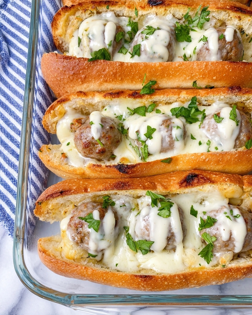 Two meatball sandwiches sit on white parchment paper on a dark surface. Each sandwich has one white sesame seed hoagie roll sliced open, holding three evenly spaced brown meatballs covered with red marinara sauce. On top of the meatballs, melted white cheese is draped, sprinkled with shredded white cheese and small green herb pieces. In the upper right corner, a white bowl with more shredded white cheese is partly visible. The background features a white marbled texture. Photo taken with an iphone --ar 4:5 --v 7
