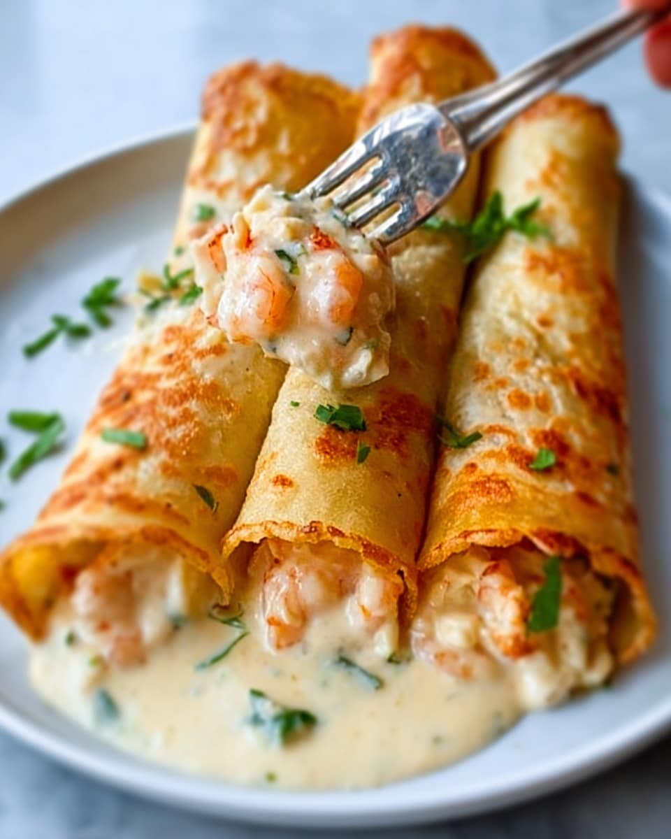 The image shows three rolled crepes filled with a creamy orange and white shrimp mixture, stacked on a white plate. The crepes are golden brown with a slightly crispy texture on the edges. The filling is visible inside the open end of the closest crepe, showing small pieces of shrimp in a creamy white sauce mixed with tiny bits of orange. The plate has some extra creamy sauce around the crepes, garnished with small green herb leaves on top and around the sauce. A woman's hand holds a silver fork lifting one crepe, pulling some creamy sauce along. The background is a white marbled surface. photo taken with an iphone --ar 4:5 --v 7