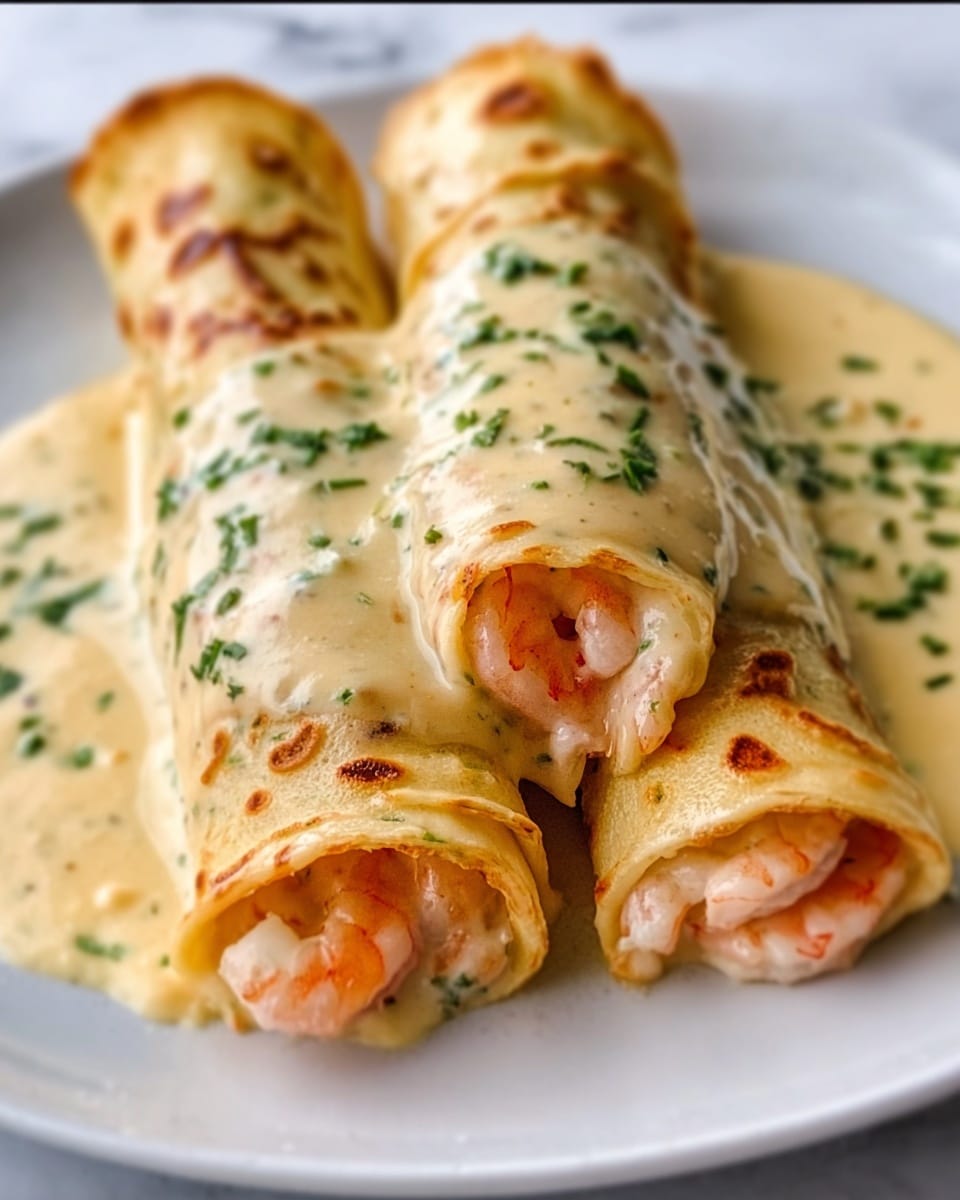 Two rolled crepes filled with creamy shrimp filling sit side by side on a white plate. The crepes are golden brown with small, uneven darker spots on their surface, showing a soft, thin texture. The shrimp filling inside is pink and creamy, slightly visible at the open ends of each roll. The dish is topped with a thick pale yellow sauce draped over the top, speckled with small green herb pieces, giving a fresh look. The white plate lies on a white marbled surface. photo taken with an iphone --ar 4:5 --v 7