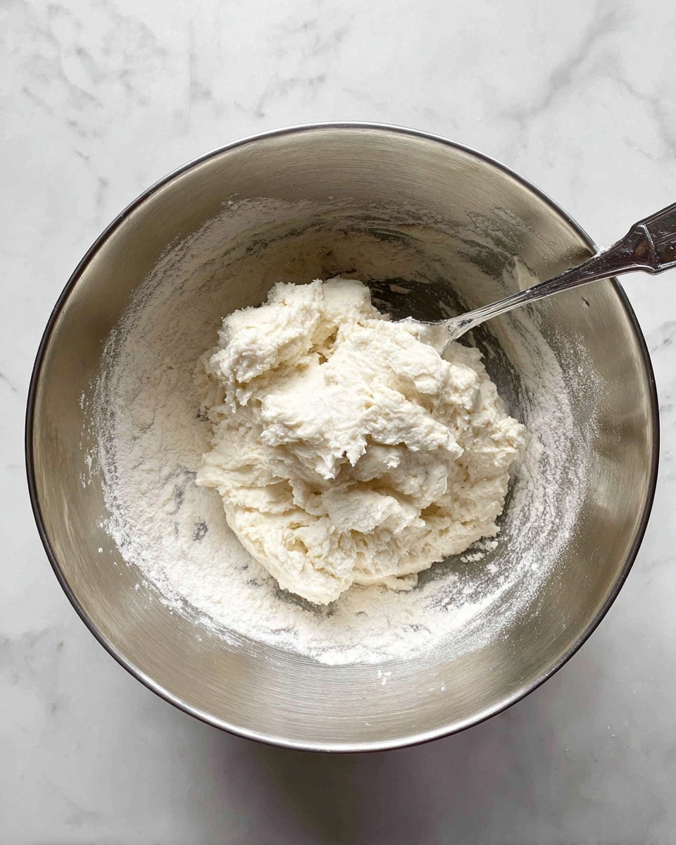 A shiny metal mixing bowl filled with soft, white dough that looks slightly crumbly and thick. The dough sits in the middle, with patches of flour dusted around the inside walls of the bowl. A silver spoon rests on the right side inside the bowl with some dough sticking to it. The bowl is placed on a white marbled surface. photo taken with an iphone --ar 4:5 --v 7