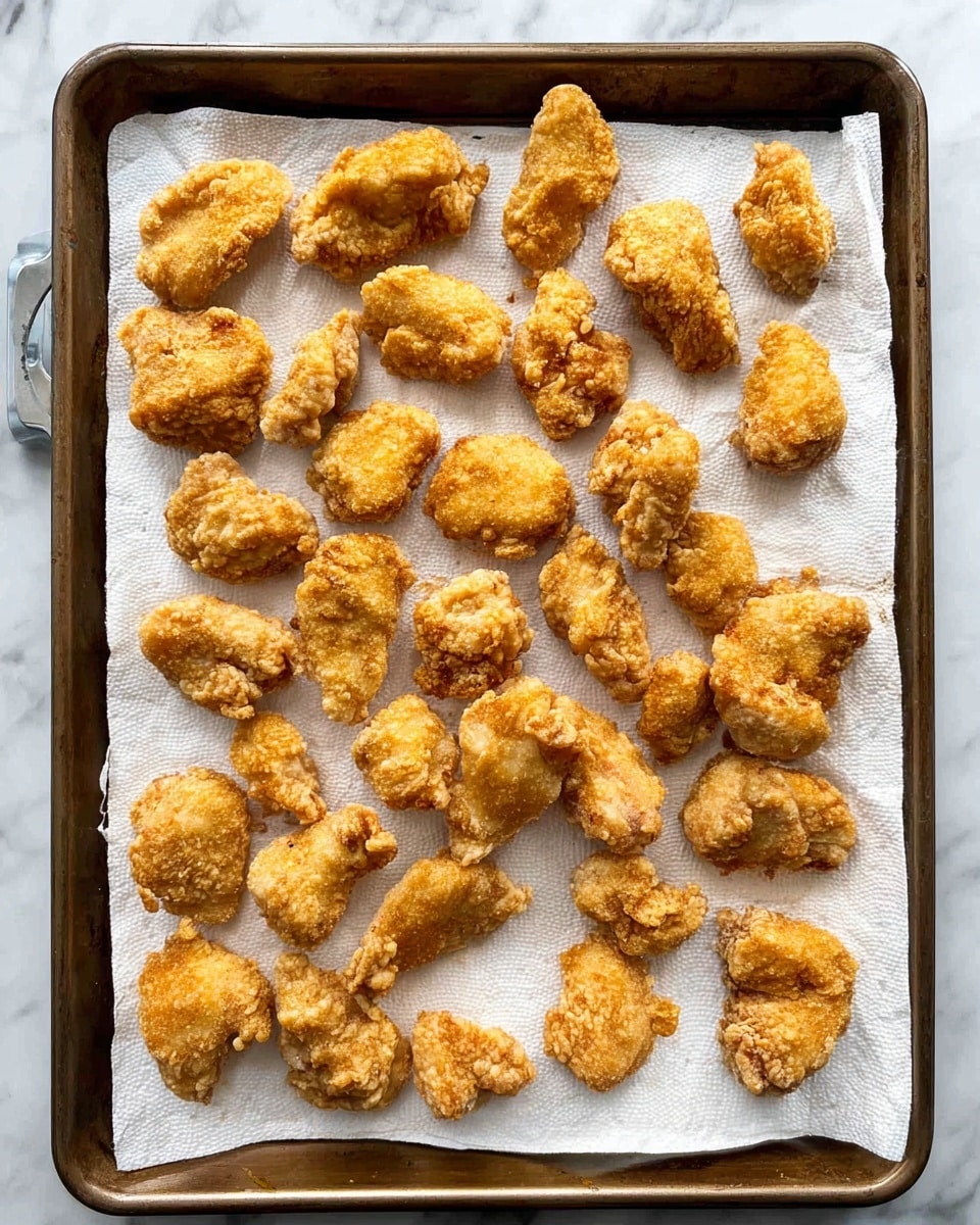 The image shows a baking tray lined with white paper towels, holding about 26 pieces of fried chicken skin scattered evenly across the tray. Each piece is a golden-brown color with a rough, crispy texture and irregular shapes, some larger and some smaller. The baking tray is placed on a white marbled surface. photo taken with an iphone --ar 4:5 --v 7