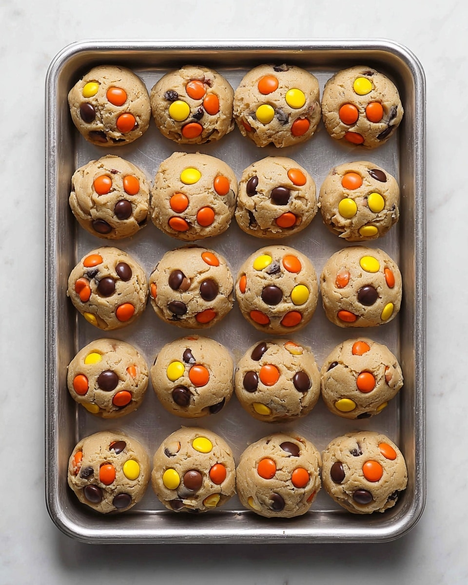 The image shows a rectangular metal baking tray filled with 20 rounded cookie dough balls arranged in a 4 by 5 grid. Each dough ball is a light tan color, dotted with colorful round candy-coated chocolates in orange, yellow, dark brown, and beige. The dough has a soft, slightly textured surface. The tray is placed on a white marbled texture background. photo taken with an iphone --ar 4:5 --v 7