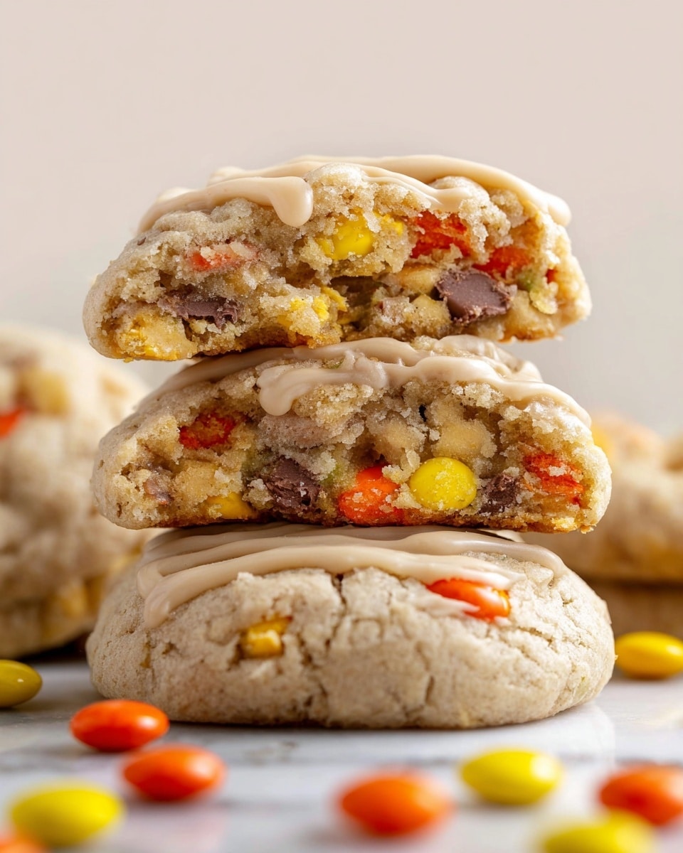 A close-up view of a soft, thick cookie stacked on a white marbled surface, with the top cookie broken in half to show the inside filled with orange, yellow, and brown candy pieces embedded throughout the light brown dough, and a light drizzle of creamy icing on top. The cookie's texture looks soft and crumbly with visible cracks on the surface, while colorful candies add bright spots of orange and yellow across all visible layers. In the foreground and background, some loose candy pieces lie scattered around, enhancing the sweet and colorful look. photo taken with an iphone --ar 4:5 --v 7