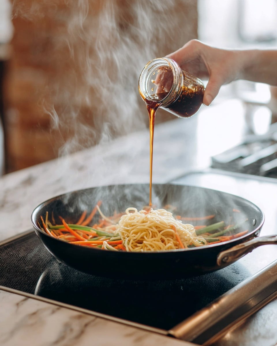 A black frying pan sits on a stove with steam rising from it, showing a mix of cooked vegetables like orange carrot sticks and green stems beneath a pile of light yellow noodles in the center. Above the pan, a woman's hand is pouring a dark brown sauce from a small glass jar onto the noodles, with the sauce forming a thin stream that flows down. The scene has a warm, blurred kitchen background, and the surface beneath the pan has a white marbled texture. Photo taken with an iphone --ar 4:5 --v 7