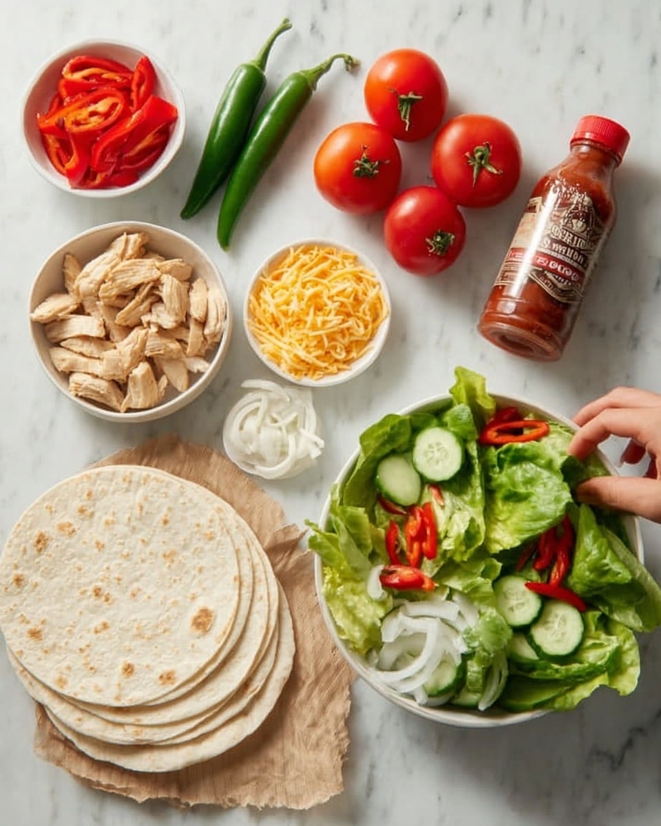 The image shows a white marbled surface with ingredients for a taco meal neatly arranged. There are several soft white tortillas stacked on the left side, slightly overlapping each other. Nearby, a small white bowl holds pieces of cooked chicken with a light golden-brown color. Next to it, another small white bowl contains sliced red bell peppers. On the top left, a whole green chili and a whole red tomato sit side by side. On the top center, three whole plump red tomatoes rest on the surface. Next to the tomatoes, a small mound of shredded yellow cheese is placed directly on the surface. On the right side, there is a large white bowl filled with fresh green leafy lettuce, slices of white onion, cucumber, and small diced red pepper. A bottle of barbecue sauce is placed in the lower right corner on the white marbled surface. A woman's hand is reaching toward the bowl of sliced red bell peppers. photo taken with an iphone --ar 4:5 --v 7