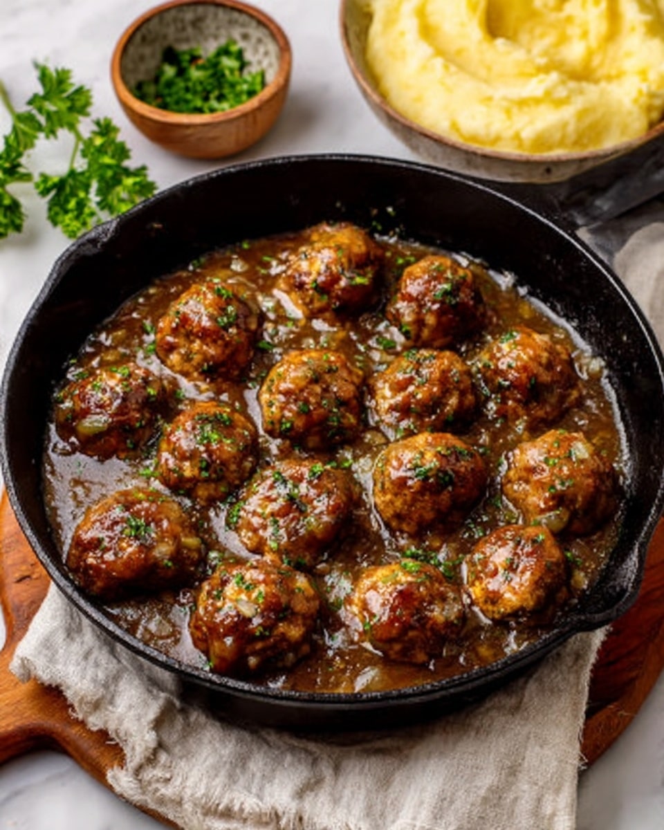 A cast iron skillet filled with about fifteen evenly sized golden brown meatballs sitting in a thick, dark brown sauce with visible small bits of onions and finely chopped herbs. The skillet is black and placed on a brown wooden surface with a white cloth napkin partially visible underneath. In the background, there is a white bowl filled with creamy mashed potatoes and a small bowl of finely chopped green herbs. A sprig of fresh parsley lies beside the skillet. The whole scene is arranged on a white marbled surface. photo taken with an iphone --ar 4:5 --v 7