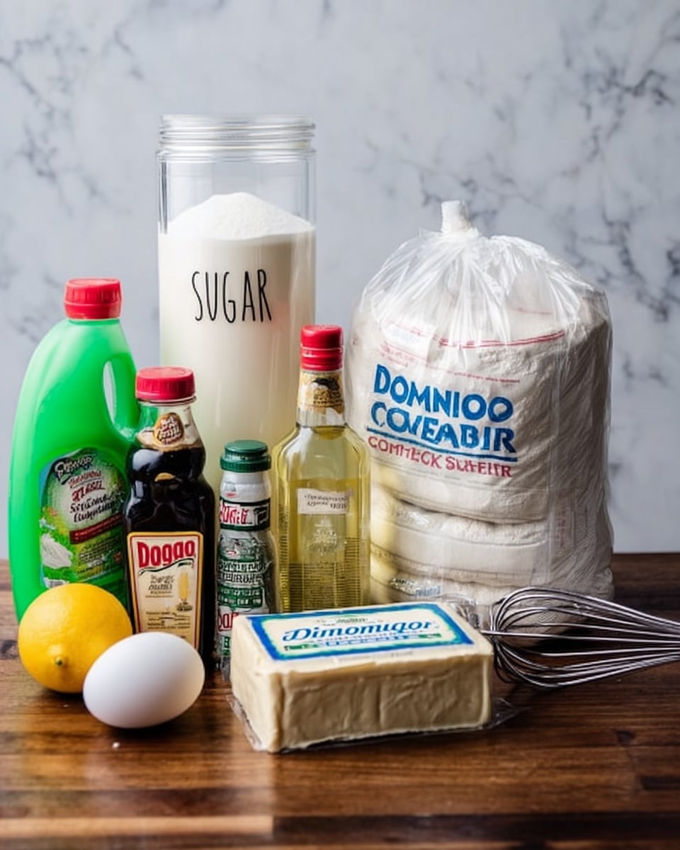 The image shows a wooden table with baking ingredients neatly arranged in a row. From left to right, there is a tall clear jar filled with white sugar labeled