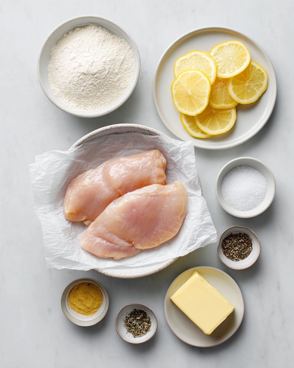 The image shows a white bowl lined with white parchment paper holding two pieces of raw pale pink chicken, placed at the center. Around it, six small white plates and bowls are arranged on a white marbled surface. Starting from top left, a bowl with white flour, next to it a plate with six yellow lemon slices stacked in a small pile. Below the lemon plate, there is a small bowl of white salt, and next to it, a small bowl of black pepper. On the bottom left is a plate with a block of yellow butter, and above that, a small bowl with a golden-yellow powder, likely seasoning. All items are neatly arranged in an orderly manner, showing simple and clean food preparation. Photo taken with an iphone --ar 4:5 --v 7
