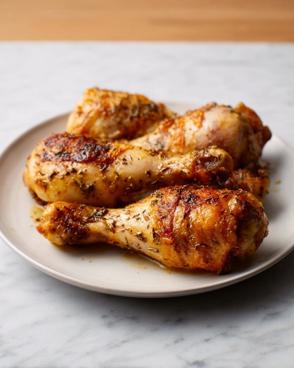 The image shows three cooked chicken drumsticks placed on a smooth white plate. The drumsticks are golden brown with a slightly shiny texture, showing some crispy and roasted spots on the skin. They lie close together in the center of the plate, which is set on a white marbled surface. The background is softly blurred, giving focus to the drumsticks. photo taken with an iphone --ar 4:5 --v 7