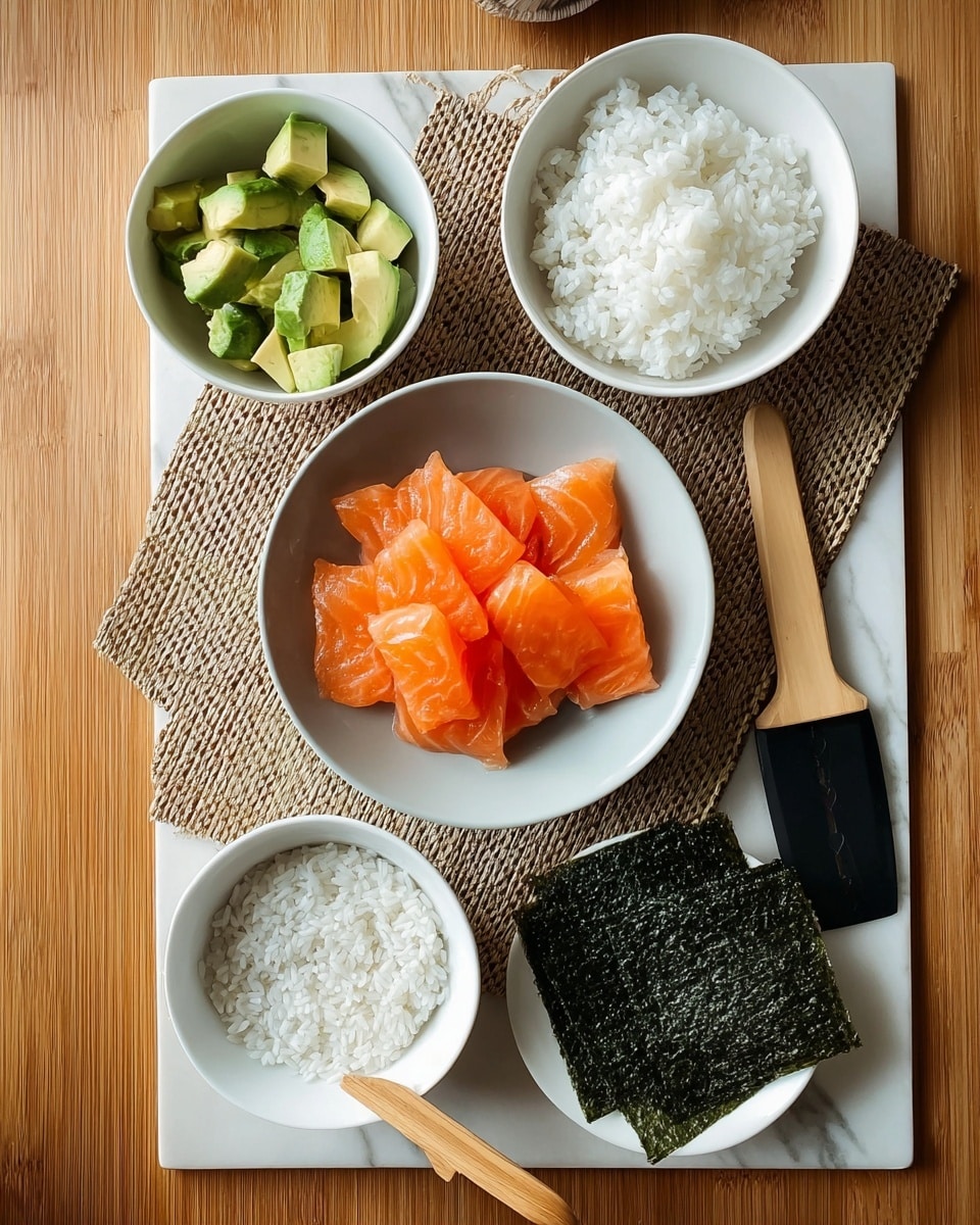 The image shows ingredients for sushi arranged neatly on a white marbled surface. At the center is a white bowl of bright orange raw salmon slices, smooth and shiny. Below that is a white bowl filled with soft, white sticky rice. To the left is a white bowl containing avocado pieces, green and fresh looking. Below that is a smaller white bowl with a small amount of white rice. To the right, there are two square pieces of dark green seaweed sheets stacked on top of each other. Next to the seaweed is a round white bowl holding a black knife and a light wooden spatula crossing inside the bowl. All items are placed on a woven beige mat on top of a wooden table. photo taken with an iphone --ar 4:5 --v 7