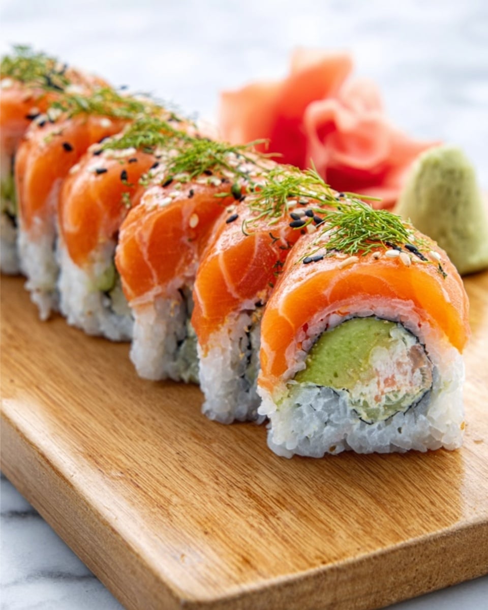 The image shows a row of six sushi rolls neatly placed on a light wooden board set on a white marbled surface. Each sushi roll has an outer layer of white sticky rice sprinkled lightly with black sesame seeds, and is topped with thick slices of bright orange salmon. Inside the roll, you can see creamy green avocado and pale pink crab meat. On top of each piece there is a small amount of fine green dill. In the background, a small pile of pink pickled ginger and a pale green wasabi ball sit near the sushi rolls. The overall look is fresh and colorful with smooth and soft textures. Photo taken with an iphone --ar 4:5 --v 7