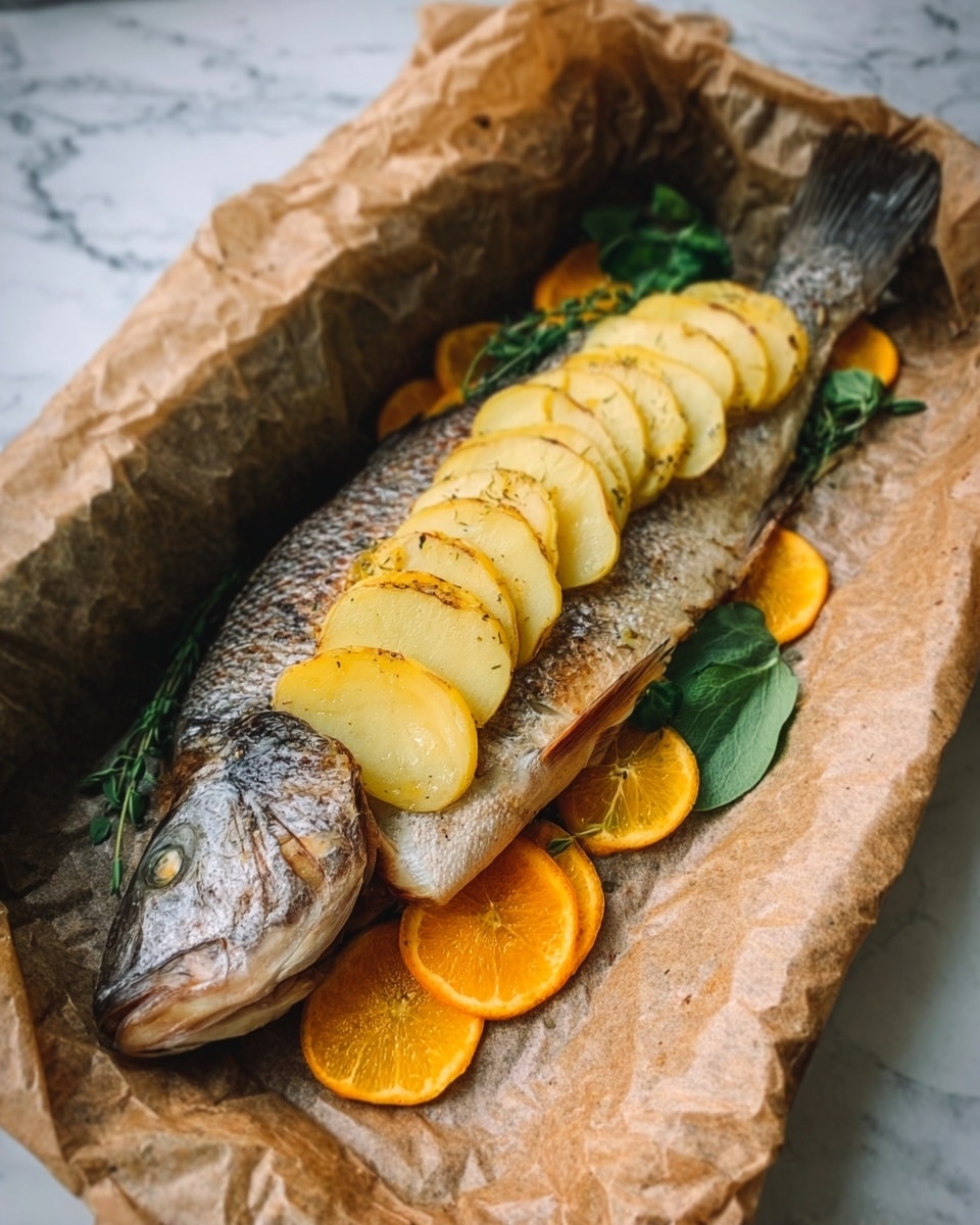 The image shows a whole cooked fish lying on a sheet of brown parchment paper inside a container. The fish has a layer of evenly spaced thin yellow potato slices placed on top along its length. Below the fish, there are bright orange slices arranged in a row, along with some leafy green herbs peeking out. The scene is set on a white marbled surface. The textures show the fish scales, soft potato slices, and juicy orange slices clearly. Photo taken with an iphone --ar 4:5 --v 7