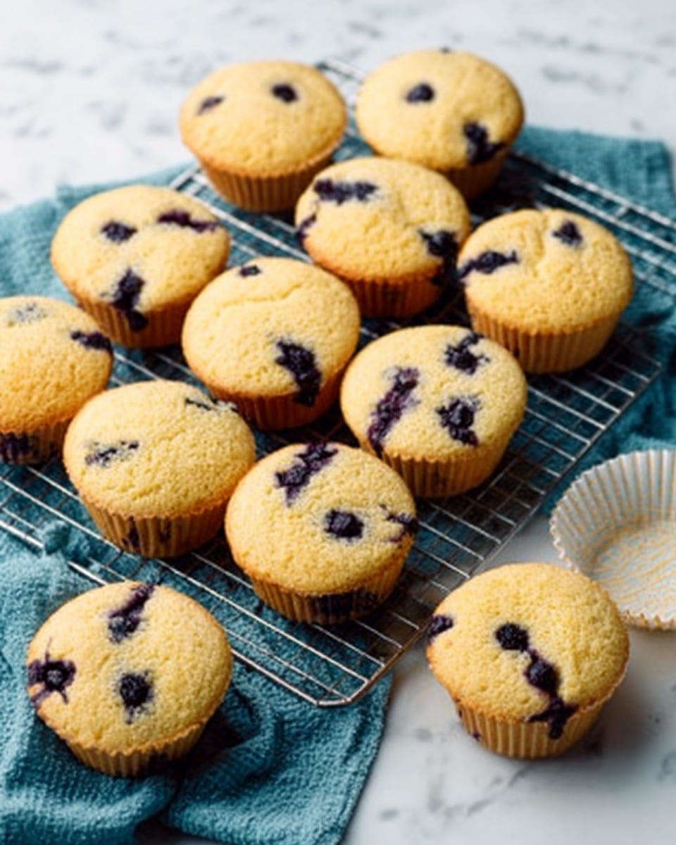The image shows a wire rack holding twelve golden brown muffins filled with dark blueberries. The muffins have a soft, slightly crumbly texture with round tops, and the blueberries appear scattered inside and on top, creating small dark purple spots. To the side, there is a white cupcake liner lying beside the rack. The background is a white marbled surface and a teal cloth is placed beneath part of the rack. The light is soft and natural, highlighting the warm, inviting colors of the muffins. Photo taken with an iphone --ar 4:5 --v 7
