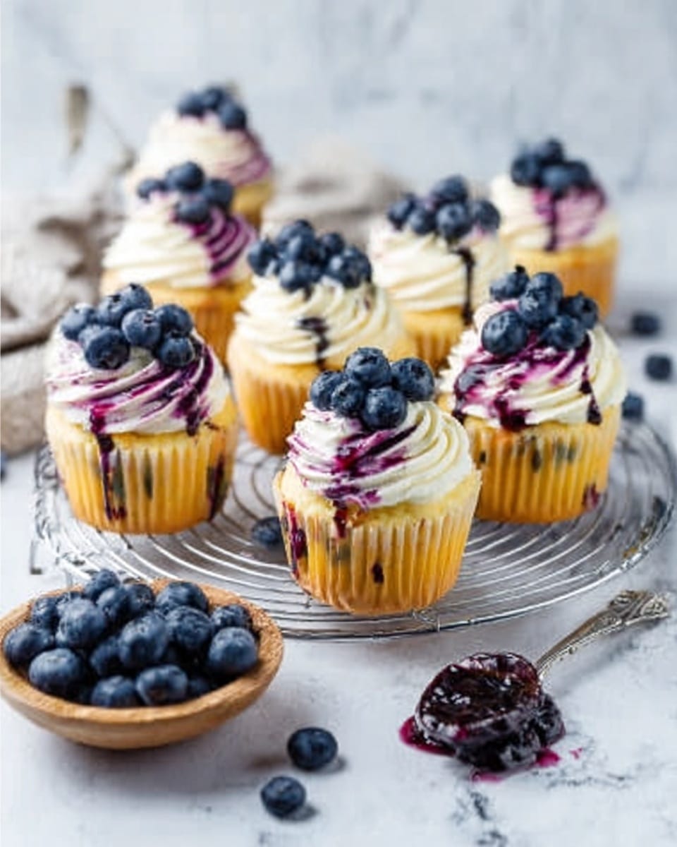 The image shows a group of yellow cupcakes with white and pink swirled frosting, each topped with fresh dark blue blueberries. The cupcakes are arranged on a round metal wire rack, placed on a white marbled surface. In the foreground, there is a small round wooden bowl filled with blueberries, and a silver spoon with some blueberry jam next to it. The overall color contrast between the yellow cupcakes, white frosting, pink swirls, and blue blueberries is clear and appealing. The scene looks bright and clean, with the focus on the cupcakes and blueberries. photo taken with an iphone --ar 4:5 --v 7