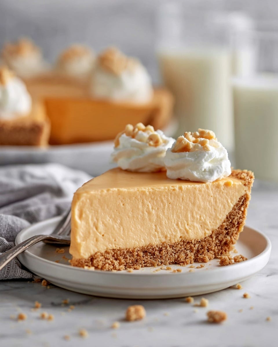 A slice of creamy light orange pie with a crumbly brown base sits on a white plate, showing two distinct layers: the smooth thick filling on top and the firm crust below. The top edge of the pie is decorated with two dollops of white whipped cream, sprinkled with small pieces of nuts. The plate rests on a white marbled surface, with crumbs scattered around and a fork lying beside the slice. The background is softly blurred, showing a whole pie and two glasses of milk. Photo taken with an iphone --ar 4:5 --v 7