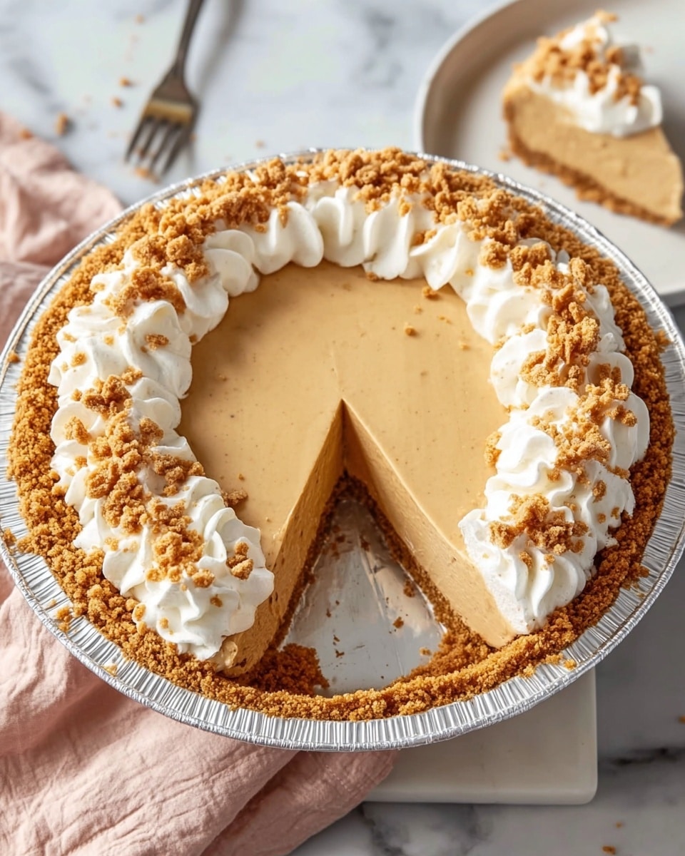A round pie in a silver foil pan with a crumbly light brown crust covering the edges, filled with a smooth, creamy tan layer in the center. Around the top edge, there is a thick ring of white whipped cream with soft peaks, sprinkled with small clusters of crumbly light brown pieces. One slice is taken out showing the filling and silver pan base clearly. A woman's hand is holding the pie on a white marbled surface with light pink cloth nearby. Photo taken with an iphone --ar 4:5 --v 7