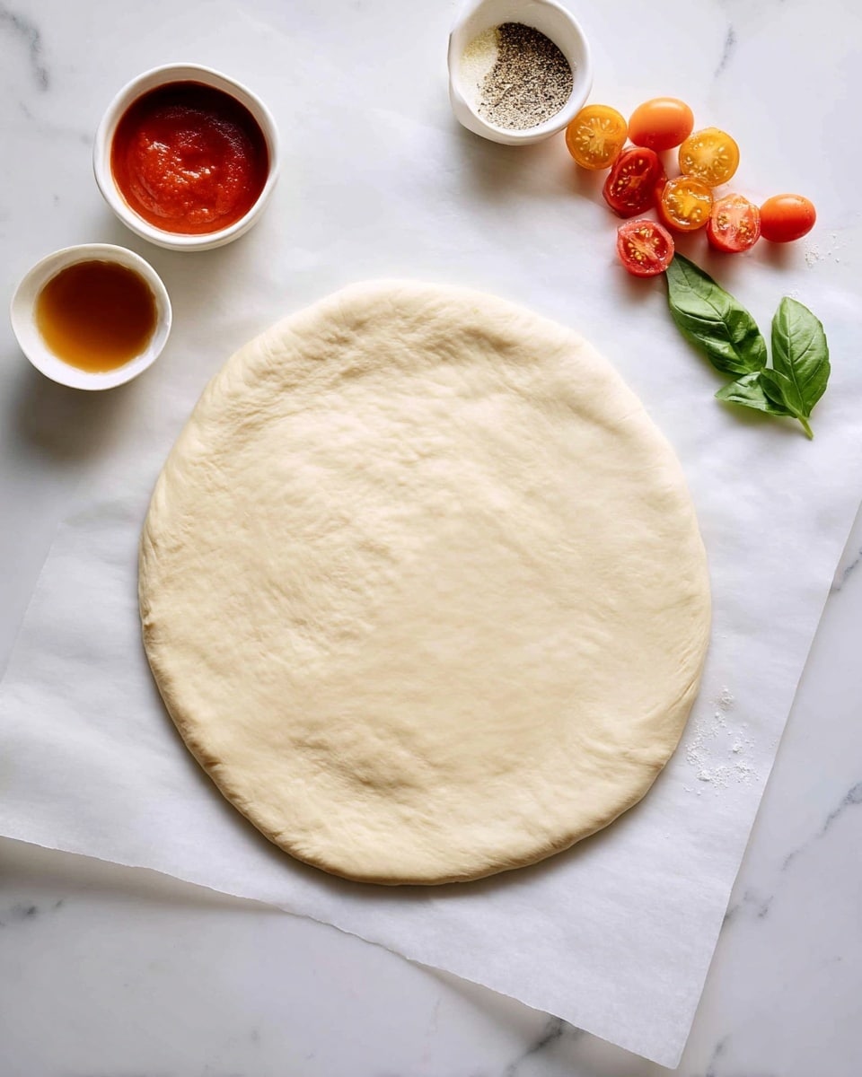 A round, smooth pizza dough layer lies flat in the center on a white marbled surface covered with white parchment paper, with slightly raised edges. To the right, a small cluster of halved red and orange cherry tomatoes rests next to a fresh green basil leaf. Above them are three small white bowls: one contains a red tomato sauce, one has a light brown liquid, and the last holds a mix of black and white powder spices. Photo taken with an iphone --ar 4:5 --v 7