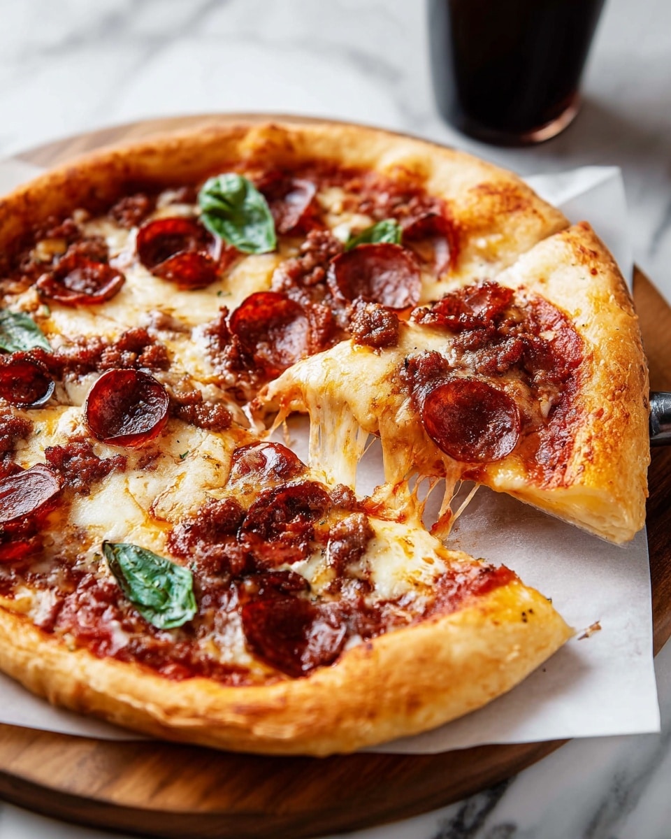 A round pizza with a thick golden crust sits on white paper over a wooden board, placed on a white marbled surface. The pizza has three visible layers: a base layer of red tomato sauce, a middle layer of melted creamy cheese covering the whole pizza, and a top layer with slices of dark red pepperoni and small bits of cooked sausage spread evenly. There are also a few fresh green basil leaves scattered on top. One slice is being pulled away with melted cheese stretching, showing the soft inside of the crust. In the background, a dark cup is slightly out of focus. Photo taken with an iphone --ar 4:5 --v 7