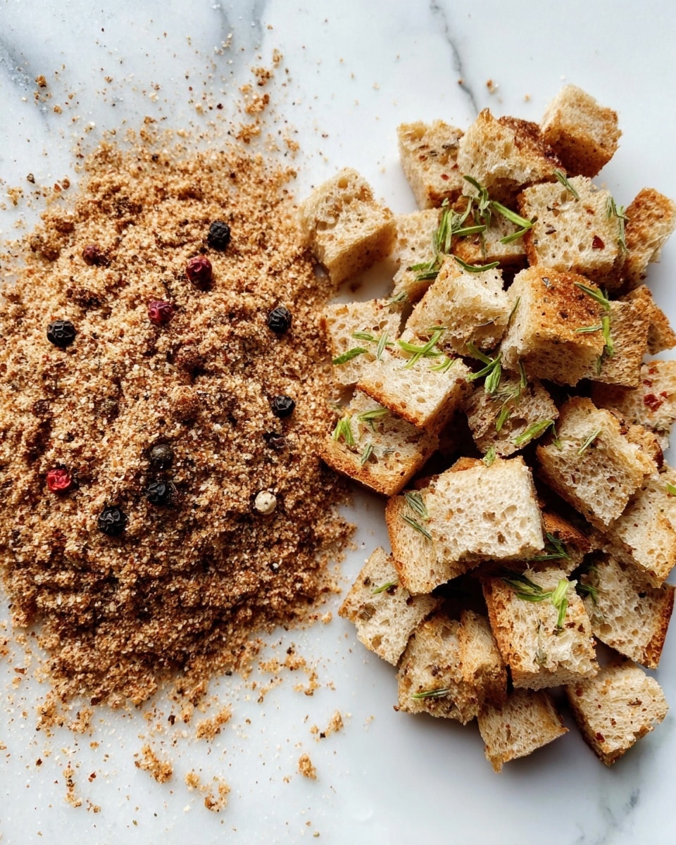 The image shows two main parts on a white marbled surface: on the left, there is a pile of coarse, brownish spice mix with visible small black and red peppercorns scattered within, textured and loose; on the right, there is a cluster of evenly cut small bread croutons that are light brown with green herbs sprinkled on top, stacked close together with a rough texture. photo taken with an iphone --ar 4:5 --v 7