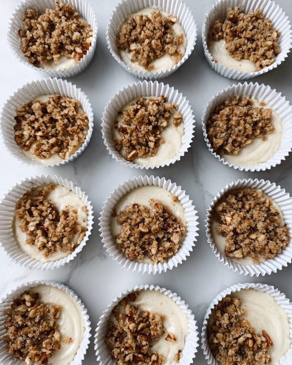 The image shows twelve white paper cupcake liners arranged in rows on a white marbled surface. Each liner contains two layers: the bottom layer is a light, creamy mixture with a smooth texture and off-white color, softly filling about half of each liner. On top of this layer is a rough, crumbly topping of brown nuts or granola, spread unevenly to create texture contrast. Each liner's layers are clearly visible, with the creamy base and the crunchy topping sitting above it. Photo taken with an iphone --ar 4:5 --v 7