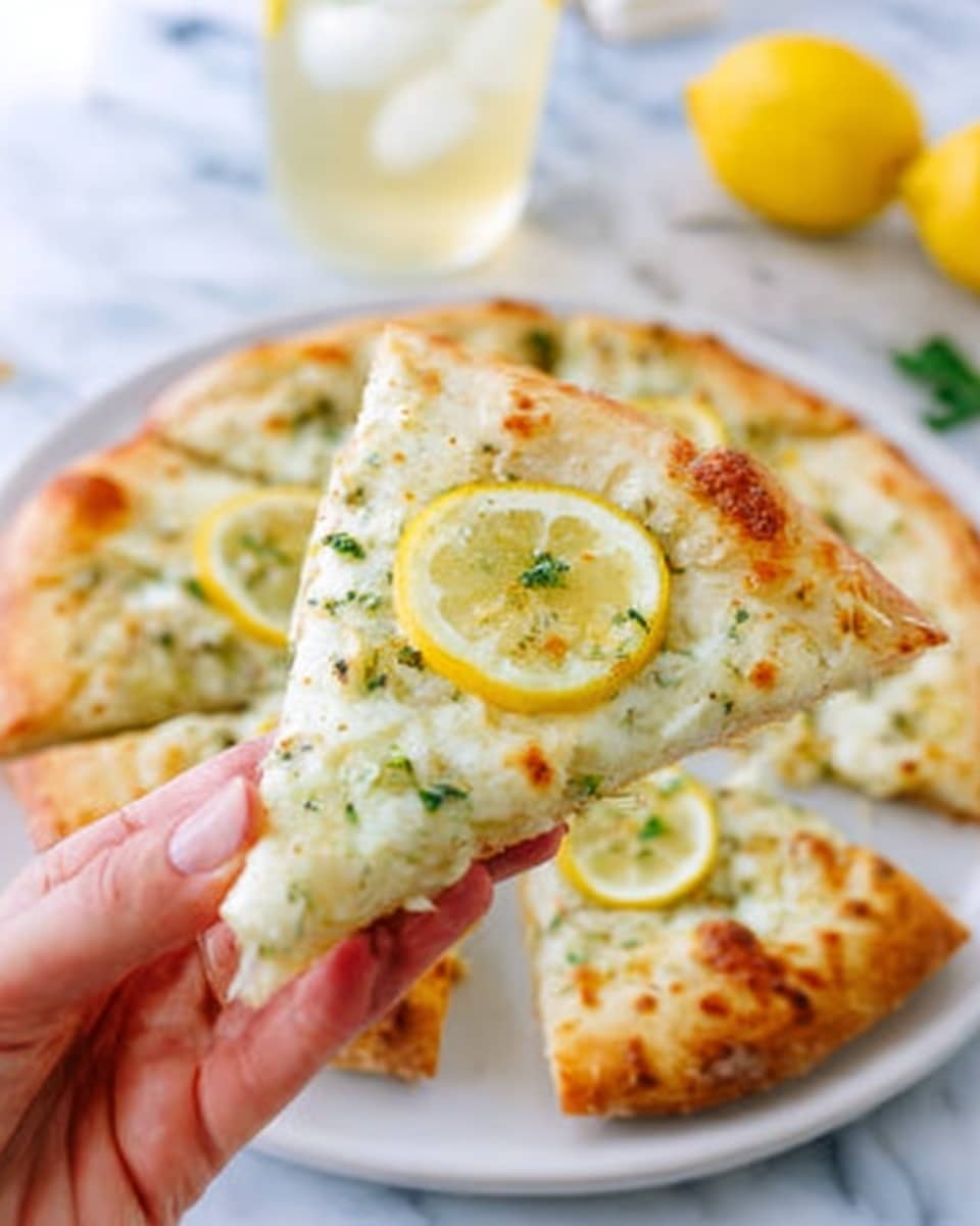 A close-up of a woman's hand holding a slice of white pizza with a light golden crust. The pizza slice has melted white cheese with small green herb pieces sprinkled evenly across. On top of the cheese, a thin round lemon slice is placed near the center of the slice. In the background, the whole pizza is on a white plate, also topped with lemon slices and herbs. The scene is set on a white marbled surface, and there is a glass with ice and a light-colored drink slightly blurred in the back. photo taken with an iphone --ar 4:5 --v 7