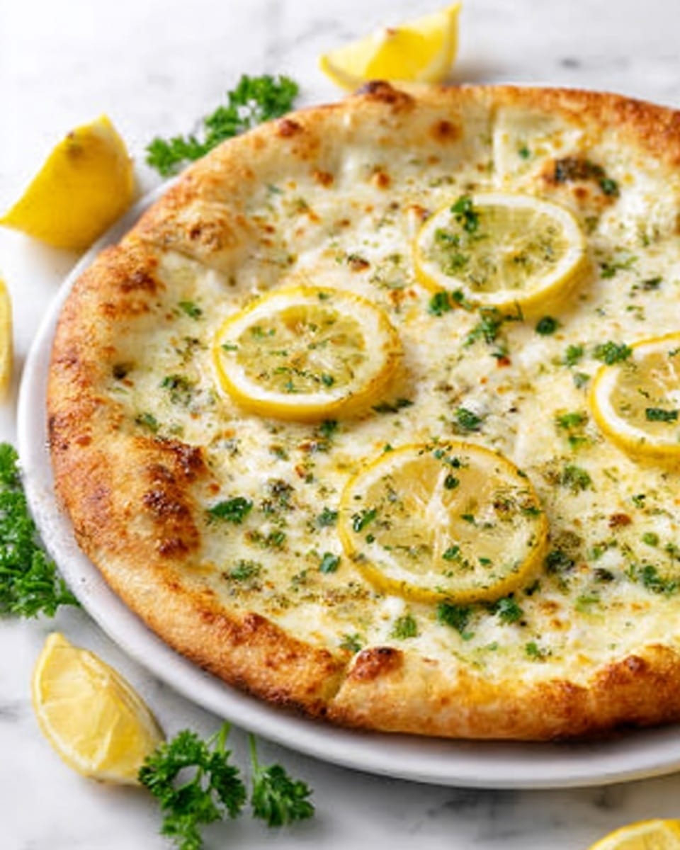 A round pizza on a white plate with a golden-brown crust. The pizza has a layer of melted white cheese with green herbs and small bits of seasoning scattered evenly across the top. There are four thin lemon slices placed on the cheese, each showing a bright yellow color with visible segments. Around the pizza, there are lemon wedges and green parsley leaves on a white marbled surface. photo taken with an iphone --ar 4:5 --v 7