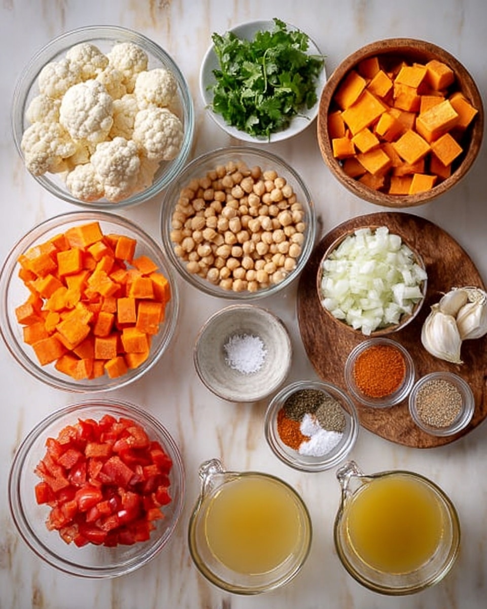 The image shows several clear glass bowls and small dishes arranged on a white marbled surface. From left to right, there are large cauliflower florets in a glass bowl, bright orange chopped carrots in another bowl, and a bigger wooden bowl filled with cubed sweet potatoes. In the middle, there is a clear bowl with chickpeas, a smaller bowl with chopped onions, and beside it, chopped red tomatoes in another clear bowl. At the top, a small white bowl holds green cilantro leaves, and next to it is a tiny white bowl with minced garlic. On a round wooden board, there are small bowls with salt, black pepper, and several ground spices in reddish and pale colors. On the right, two clear measuring cups hold a yellow broth and a white grainy ingredient. Photo taken with an iphone --ar 4:5 --v 7