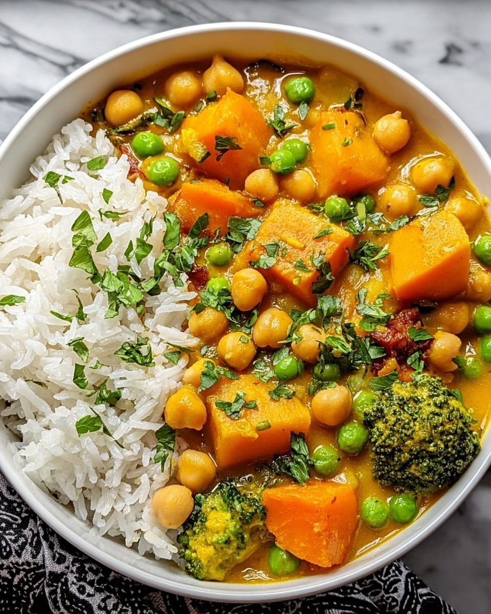 The image shows a white bowl filled with a colorful vegetable curry and white rice on one side. The curry has large orange chunks of sweet potato, round beige chickpeas, bright green peas, and small dark green broccoli pieces, all mixed in an orange-yellow sauce. Fresh chopped green herbs are sprinkled on top. The white rice is fluffy and placed next to the curry inside the bowl. The bowl is on a white marbled surface with a patterned dark cloth partially visible next to it. photo taken with an iphone --ar 4:5 --v 7