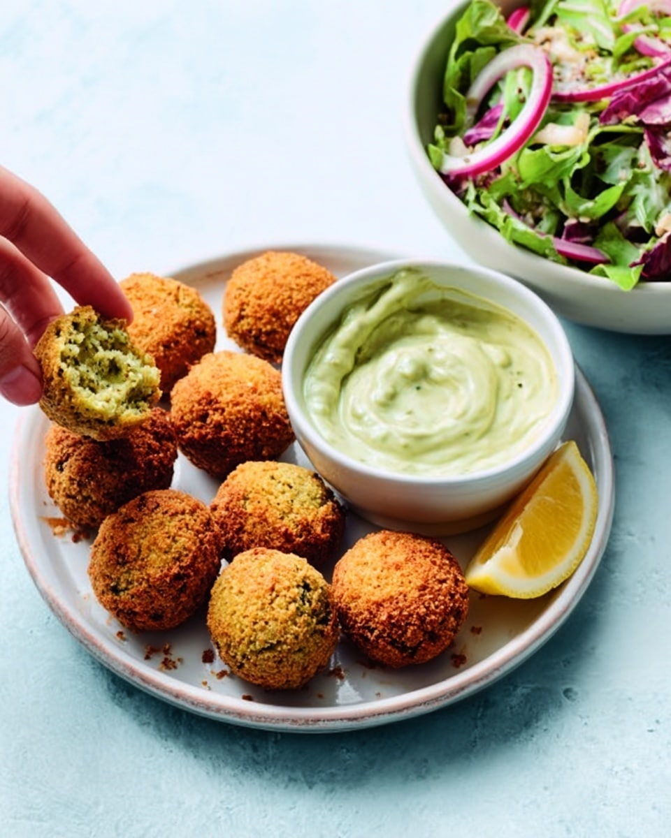 A white round plate on a white marbled surface holds several golden-brown falafel balls arranged neatly around a small white bowl filled with a creamy green sauce. To the side, a woman's hand dips one falafel ball into the sauce. In the background, a white bowl contains a fresh salad with green leaves, red onions, and other veggies. A lemon wedge is placed beside the falafel on the plate. photo taken with an iphone --ar 4:5 --v 7