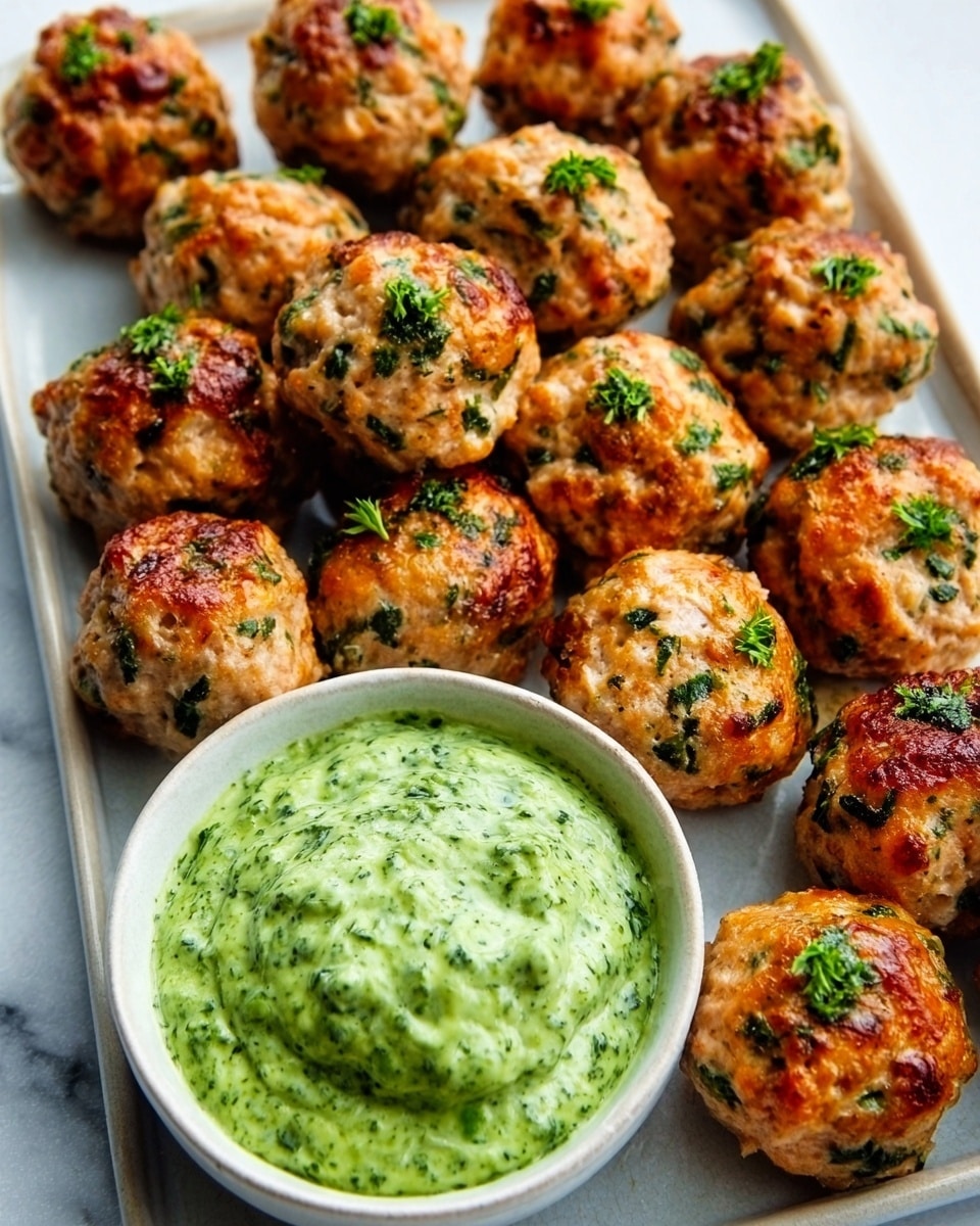 The image shows a white rectangular plate on a white marbled surface filled with golden-brown baked meatballs topped with small green herb pieces, arranged closely together. In the front left corner, a small white round bowl contains a thick green sauce with visible green herb pieces, giving it a creamy texture. The meatballs have a textured surface with slight browning, and the sauce looks smooth and fresh. photo taken with an iphone --ar 4:5 --v 7