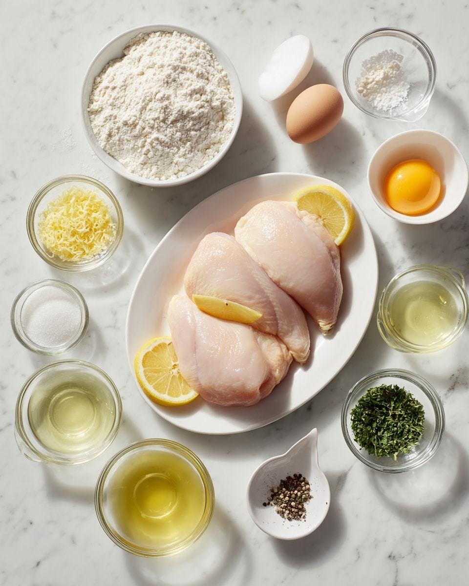 Three raw chicken pieces with a pale pink color are placed side by side on a white oval plate, accompanied by three lemon slices positioned under and between the chicken. Surrounding the plate on a white marbled surface are clear glass bowls and measuring cups containing various ingredients: a bowl with white flour and a cracked egg with a bright yellow yolk, a small bowl with a white granular substance, another small bowl with yellow lemon zest, a small bowl of finely chopped green herbs, and three measuring cups filled with clear liquids—one a light yellow, one almost clear, and one golden. Small piles of black pepper and white salt are also scattered neatly on the surface. The lighting is soft and natural. Photo taken with an iphone --ar 4:5 --v 7