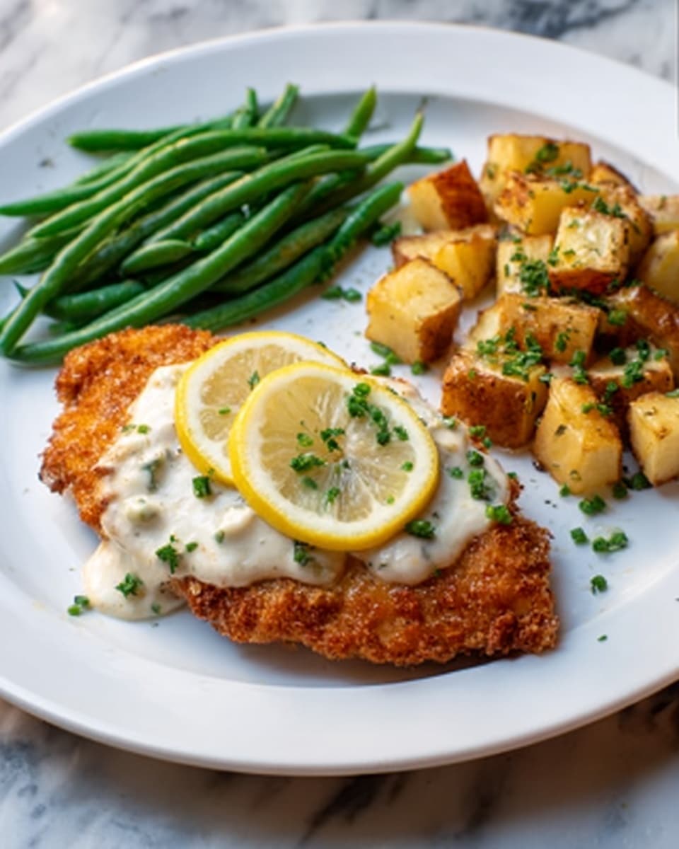 The image shows a white plate on a white marbled surface, with a meal neatly arranged. On the plate, there is a golden-brown, crispy piece of fried chicken topped with a thick, creamy white sauce with small bits, garnished with two thin lemon slices and finely chopped green herbs. To the top left side of the plate, there is a small pile of bright green cooked whole green beans, smooth and shiny. To the top right side of the plate, there are small, cubed roasted potatoes with a slightly crispy texture and sprinkled with green herbs. The lighting is soft and natural, making the food look fresh and inviting. Photo taken with an iphone --ar 4:5 --v 7