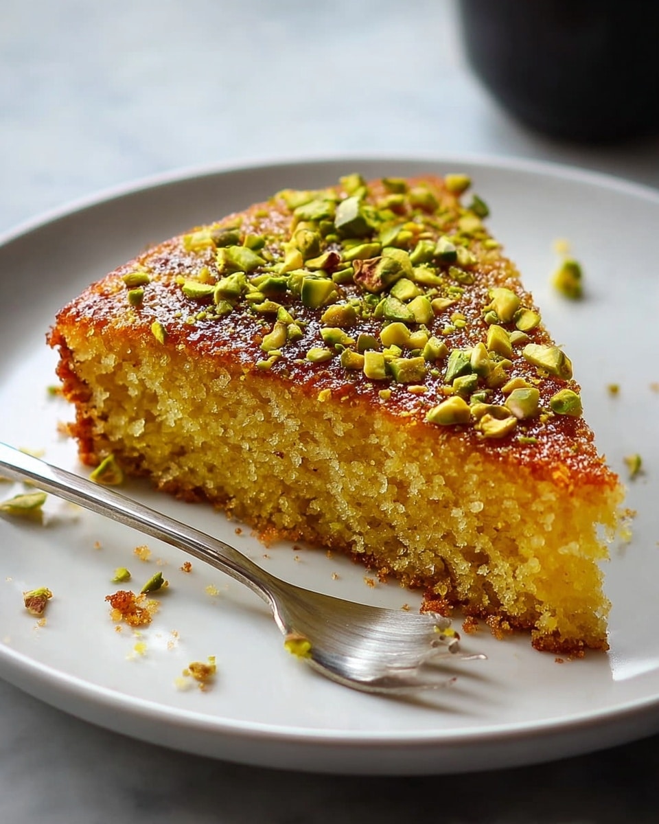A round, golden brown cake with a thick texture sits on a white plate with a white marbled surface underneath. The cake has a thin layer of shiny glaze on top, decorated with bright orange slices arranged evenly in a circle. Scattered chopped green pistachios add color and texture on top of the orange slices and around them. One slice of the cake is slightly removed, showing a moist, crumbly inside with bits of green pistachio visible. The cake looks dense yet soft, with some crumbs around the slice. photo taken with an iphone --ar 4:5 --v 7