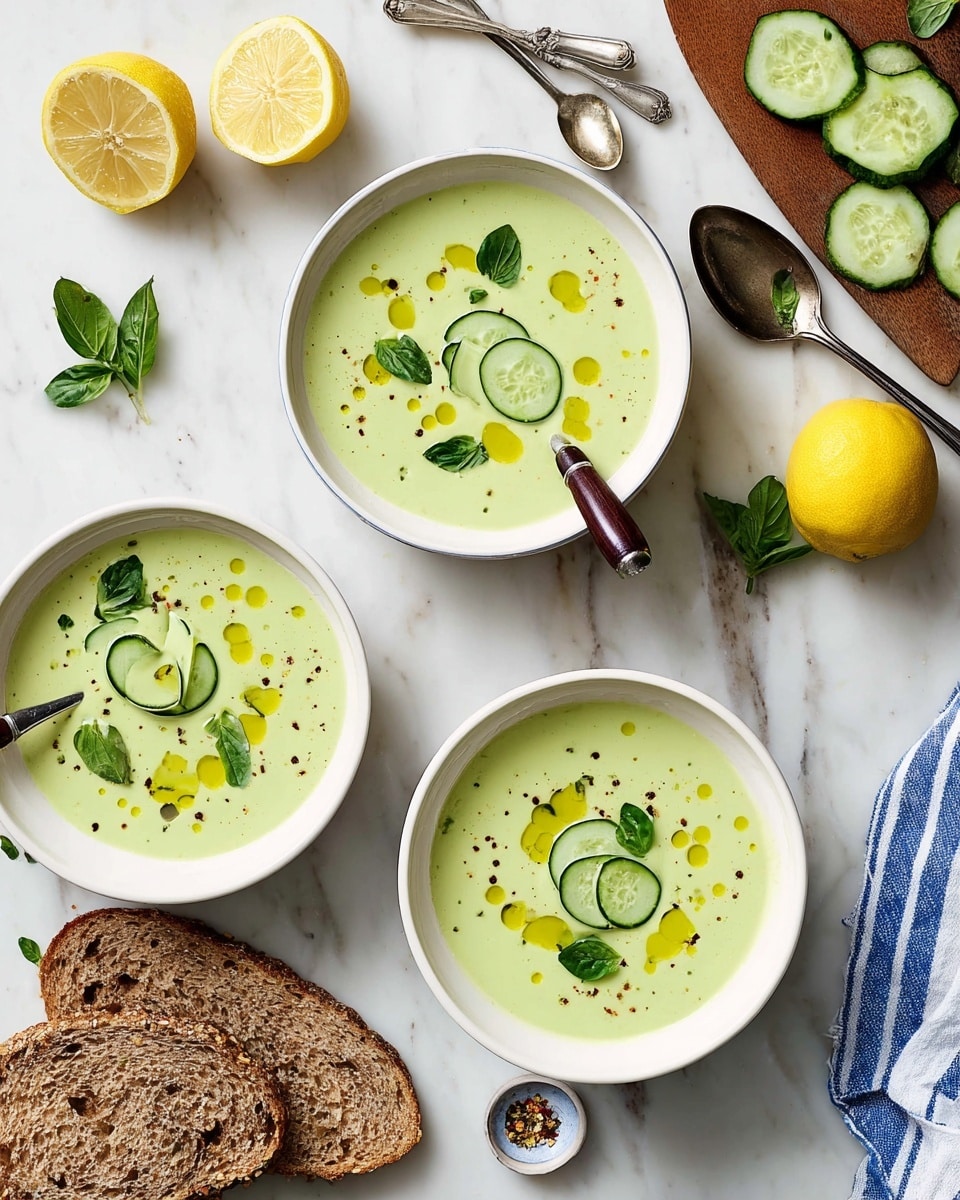 Two white bowls filled with smooth light green soup are placed on a white marbled surface with a few whole lime wedges scattered around. Each bowl is topped with a colorful mix of small white almond slices, bright red chili slices, and fresh green herbs, adding texture and color contrast. A silver spoon rests inside each bowl, angled outward. The light green soup looks creamy and fresh, contrasting softly with the white bowls and colorful toppings. photo taken with an iphone --ar 4:5 --v 7
