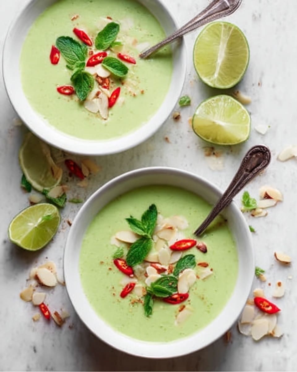Three white bowls of light green creamy soup with smooth texture sit on a white marbled surface. Each bowl has three thin cucumber slices arranged on top with small fresh green leaves scattered over them. Bright yellow droplets of oil and tiny black pepper flakes decorate the surface of the soup. One bowl has a spoon with a dark brown handle resting inside. Around the bowls, there are two halved lemons and some fresh green leaves, two silver spoons placed together, a small wooden board with more cucumber slices on it, a blue and white striped cloth, and two thick slices of brown bread with visible seeds and texture. Photo taken with an iphone --ar 4:5 --v 7