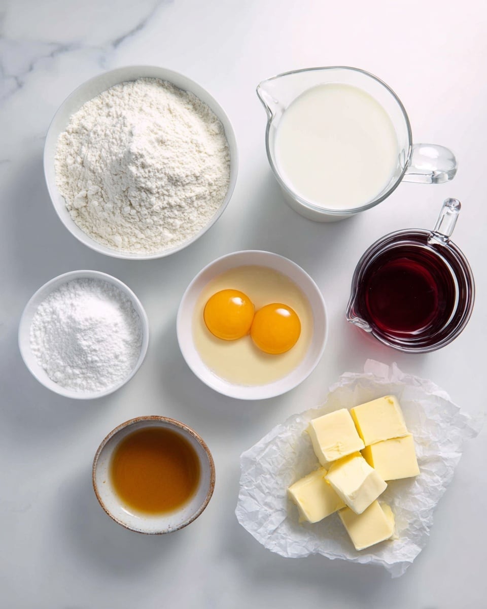 The image shows seven ingredients arranged neatly on a white marbled surface. On the left, there is a white bowl filled with white flour, next to it a clear glass jug holding white milk. Moving to the center, a white bowl contains two raw eggs with bright orange yolks and clear whites, and below it is a small ceramic bowl with amber-colored syrup or liquid. To the right, a white bowl is full of fine white sugar, and next to it three cubes of pale yellow butter sit on a crumpled piece of white parchment paper. On the far right, a clear glass pitcher holds a dark amber liquid, likely syrup or tea. The arrangement is simple and clean, showing all ingredients clearly and separately. photo taken with an iphone --ar 4:5 --v 7