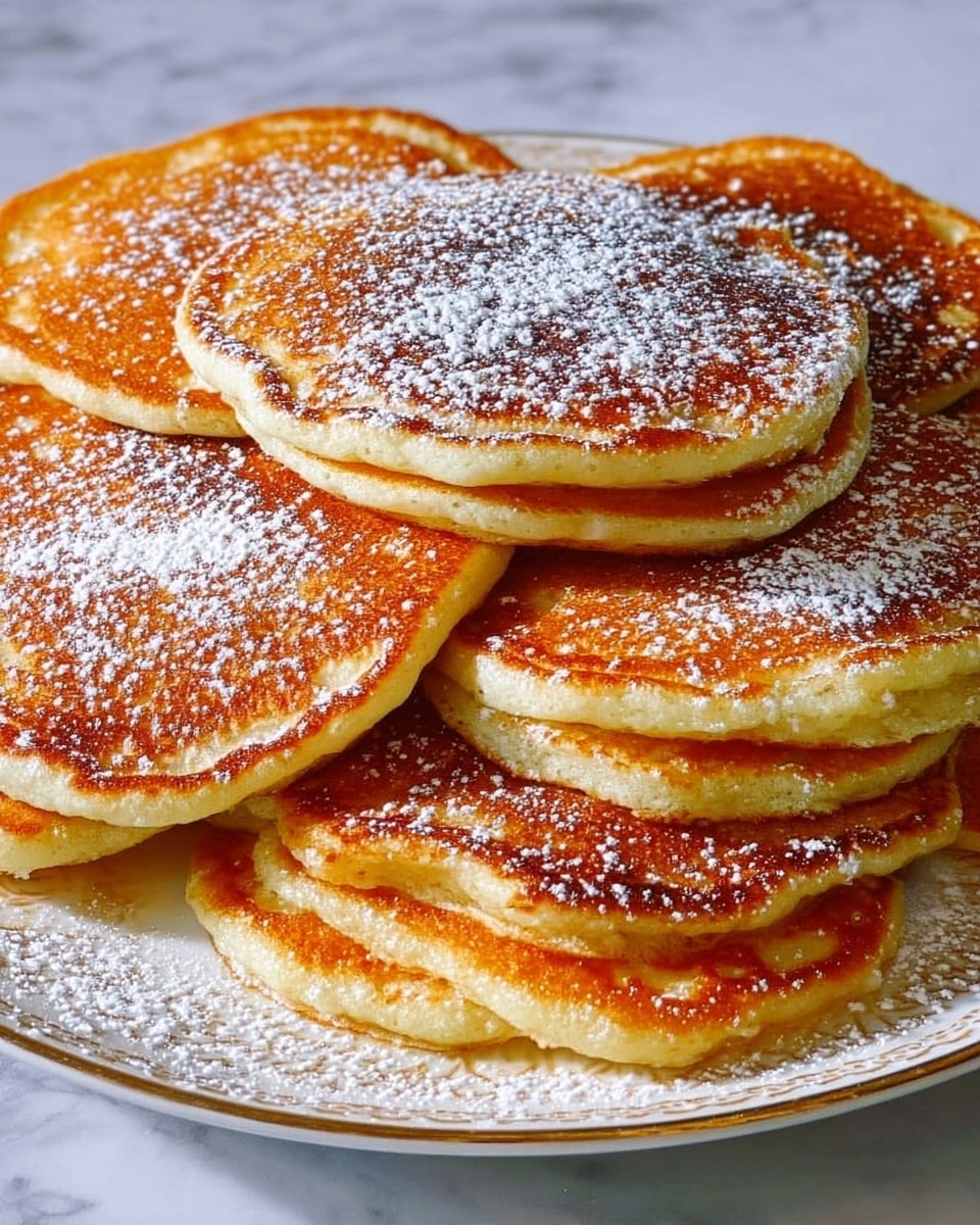 A white plate holds a stack of nine golden brown pancakes with soft, slightly uneven edges and a fluffy texture. Each pancake is lightly dusted with powdered sugar, creating a fine white layer scattered evenly across the top. The pancakes are arranged in a slightly overlapping pattern, filling the plate and showing their round shapes clearly. The surface beneath the plate is a white marbled texture. photo taken with an iphone --ar 4:5 --v 7