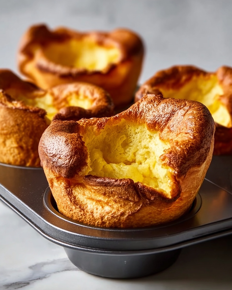 Easy Popovers in a Muffin Tin Recipe 5 The image shows four golden brown Yorkshire puddings, each puffed and risen well above the edge of a dark metal muffin tin. The puddings have a rough, slightly cracked outer surface with a mix of darker bronze and lighter yellow tones where the dough has risen and cooked. The inside looks soft and airy with a pale yellow color, and the puddings sit evenly spaced in the tin. The background is a white marbled texture, and the focus is on the front Yorkshire pudding with the others softly blurred behind it. photo taken with an iphone --ar 4:5 --v 7