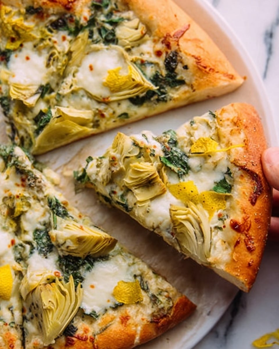 The image shows a slice of pizza with a thick golden crust. The bottom layer is a creamy white sauce spread evenly over the dough. On top, there are melted white cheese patches with a smooth, slightly bubbly texture. Scattered throughout are green leafy vegetables and artichoke hearts that are a pale yellow-green color. Some small yellow pieces, likely lemon slices, are also on the slice. The slice is placed on a white plate over a white marbled surface. A woman's hand is reaching towards the slice. photo taken with an iphone --ar 4:5 --v 7