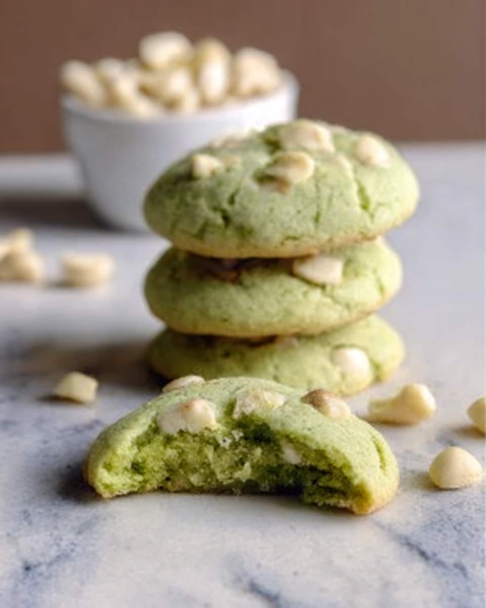 The image shows three soft green cookies stacked on a white marbled surface, with one cookie split open in front to reveal a soft, crumbly inside filled with white nut pieces. The cookies have a smooth texture with small chunks of nuts visible on top and inside. In the background, there is a small white bowl filled with white nuts, slightly out of focus. Photo taken with an iphone --ar 4:5 --v 7