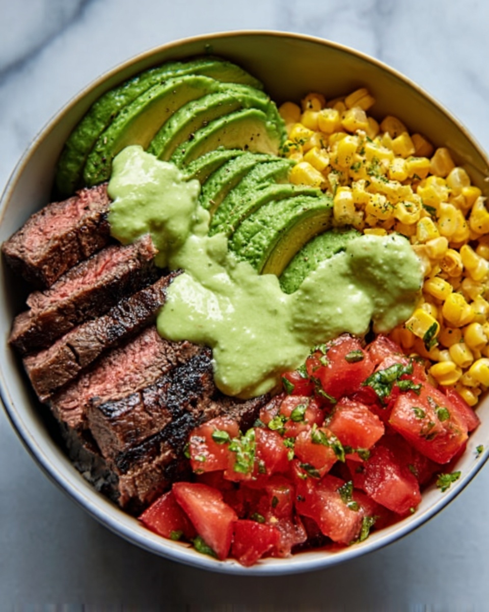 The image shows a white bowl filled with four main layers arranged side by side. One side has slices of grilled steak with a slightly charred dark brown outside and pinkish inside. Next to it are thin slices of green avocado with a creamy texture. A bright green sauce with a smooth and thick consistency is drizzled over the avocado and steak. Adjacent to these are bright yellow corn kernels that look slightly cooked. On the last side, there are small, diced red tomatoes with some green herbs sprinkled on top. The bowl sits on a white marbled surface. The photo taken with an iphone --ar 4:5 --v 7