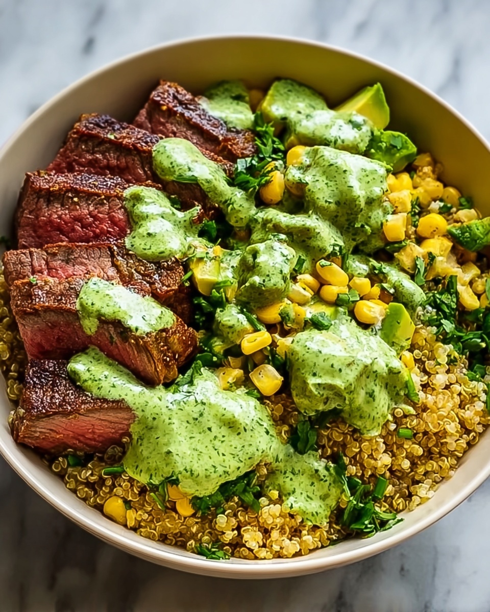 A white bowl on a white marbled surface holds a colorful layered dish. The bottom layer is yellowish quinoa, topped with scattered yellow corn kernels mixed with small green leafy herbs. On one side, there are thick slices of medium-rare steak with a brown crust and pink center. Chunks of green avocado and fresh herbs rest between the steak and corn. A bright green sauce with a creamy texture is drizzled over the steak and corn, adding a fresh, vibrant look. photo taken with an iphone --ar 4:5 --v 7