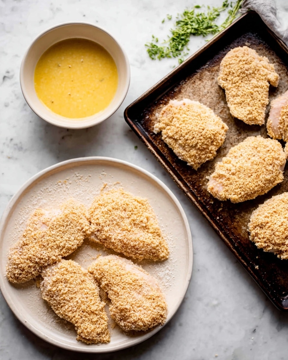 The image shows a white round plate with several pieces of raw chicken coated in breadcrumbs on the left side. To the right, there is a dark metal tray with four larger pieces of chicken also covered in breadcrumbs. Above these two dishes, there is a white bowl filled with a yellow egg mixture, likely for dipping the chicken. The background is a white marbled surface with some green herbs scattered in the top right corner. Photo taken with an iphone --ar 4:5 --v 7