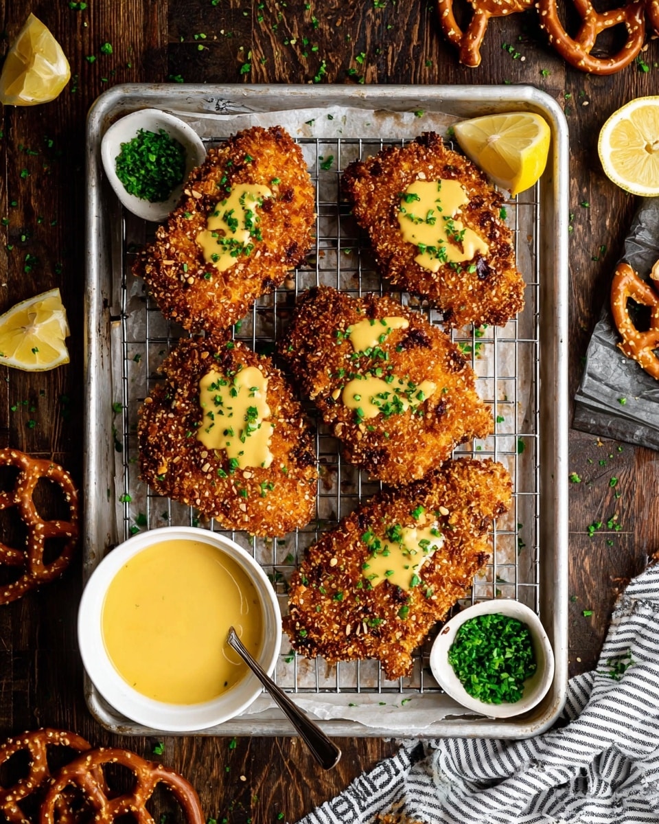 A white tray with five pieces of crispy breaded food arranged on a metal cooling rack on top. Each piece is golden brown with a crunchy texture from a nutty coating, some spots having a light drizzle of creamy yellow sauce, and small green herbs sprinkled over all pieces. A small white bowl with thick yellow sauce and a spoon is placed near the bottom left corner of the tray, with another small white bowl filled with chopped green herbs near the top right. The tray is set on a dark wooden table scattered with few yellow lemon wedges and some pretzels. A striped cloth is visible near the lower left corner. Photo taken with an iphone --ar 4:5 --v 7